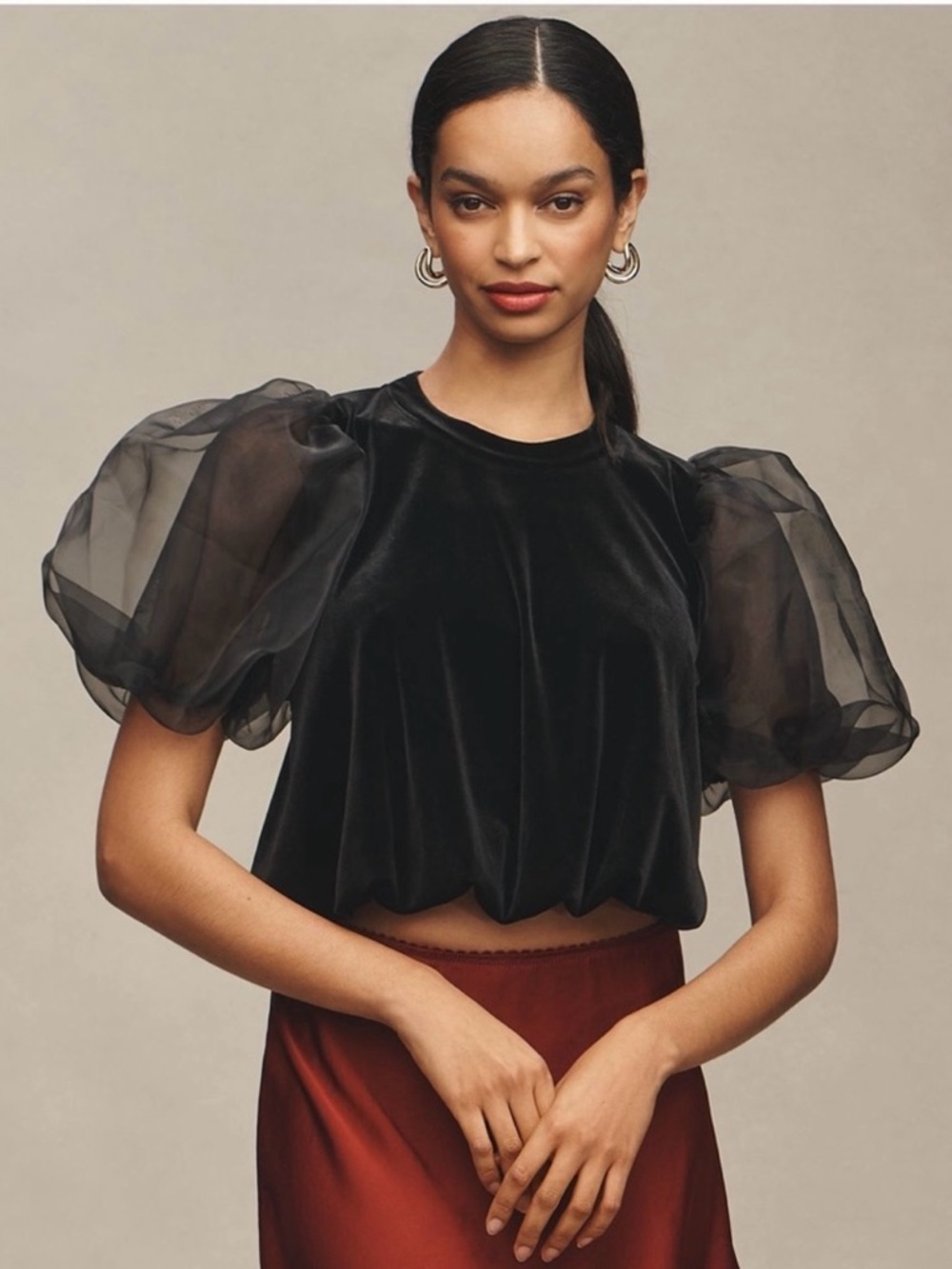 Maeve Elegant Black Velvet Puff Sleeve Top